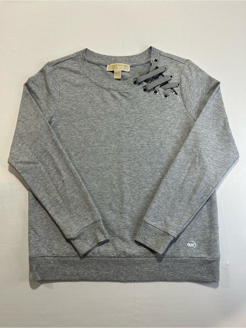 Michael Kors Gray Crewneck Sweater with Lace-Up Shoulder